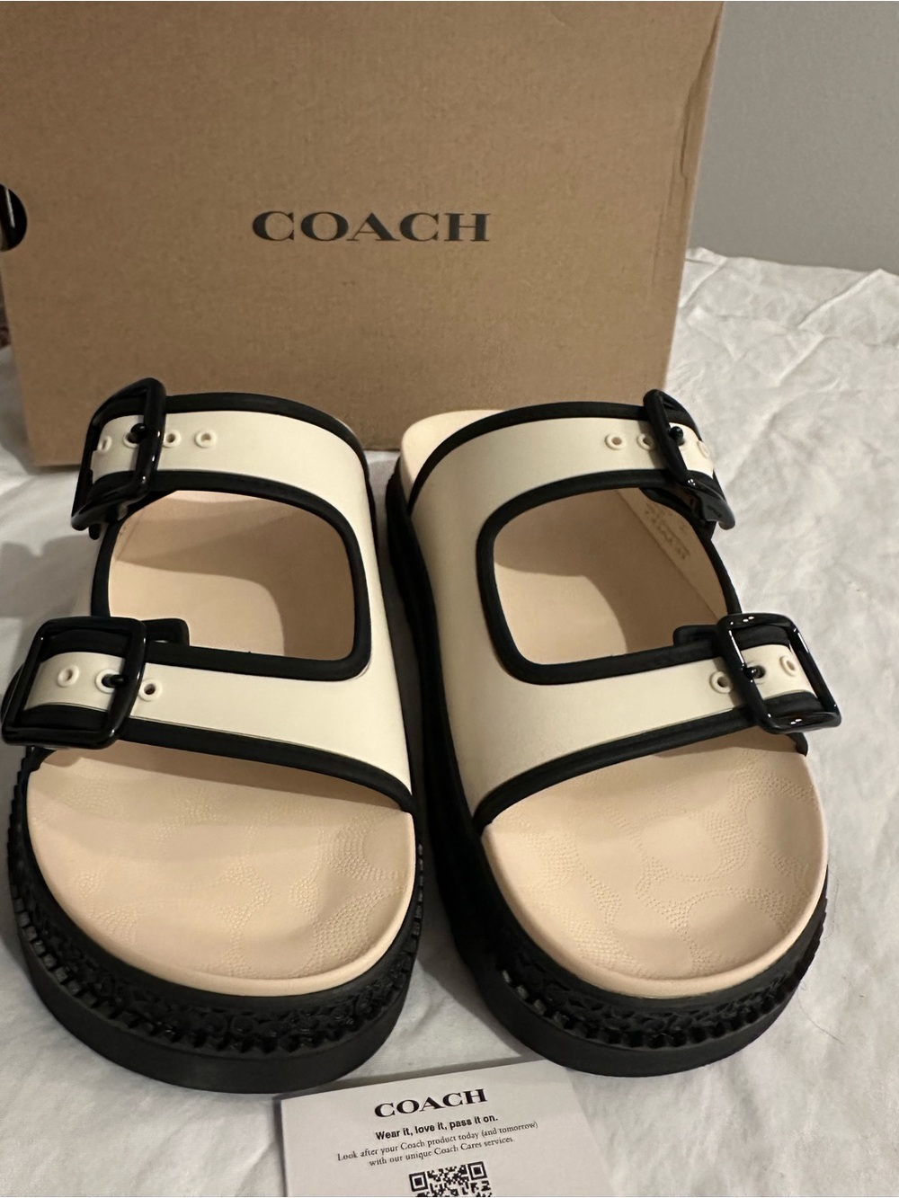 Coach Two-Buckle Slide Sandals in Cream and Black Trim - Picture 2 of 3